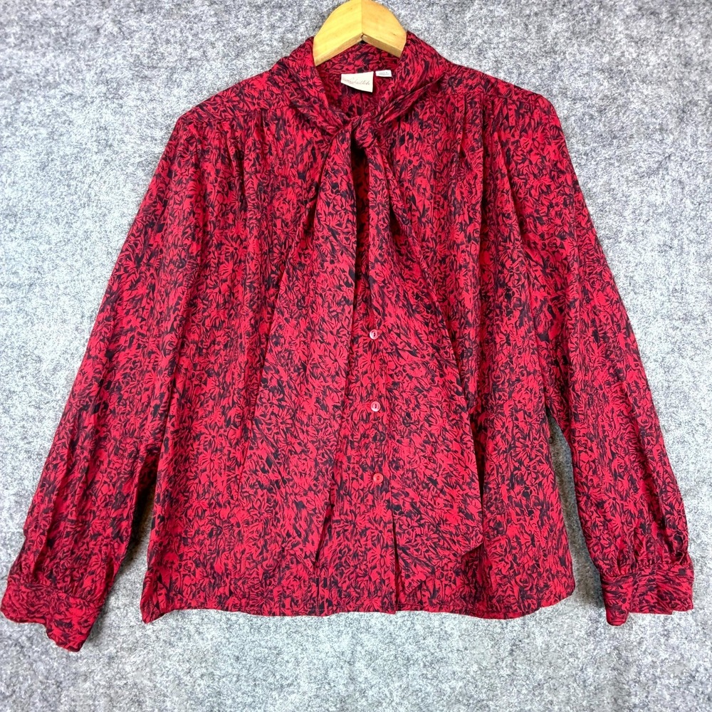 Vintage Pykettes Blouse‎ Womens Medium Red Black Tie Neck Secretary Office Siren